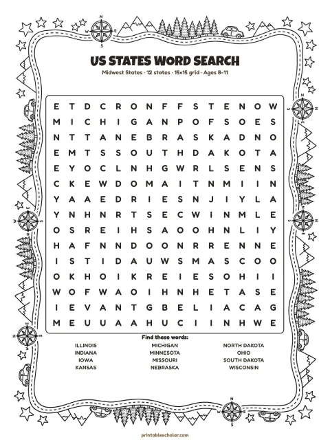 Free printable US States word search — midwest states, medium 15×15 puzzle