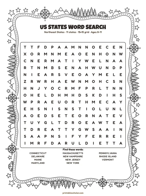 Free printable US States word search — northeast states, medium 15×15 puzzle