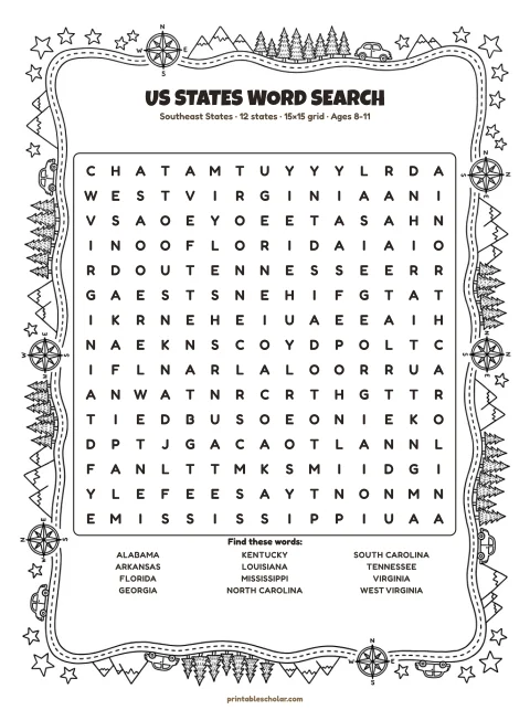 Free printable US States word search — southeast states, medium 15×15 puzzle