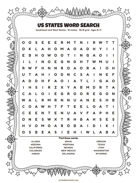 Free printable US States word search — southwest and west states, medium 15×15 puzzle