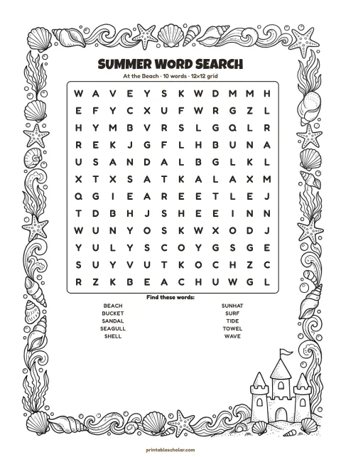 Free printable Summer word search — at the beach, easy 12×12 puzzle