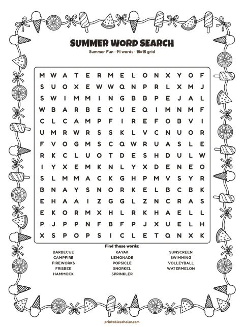 Free printable Summer word search — summer fun, medium 15×15 puzzle