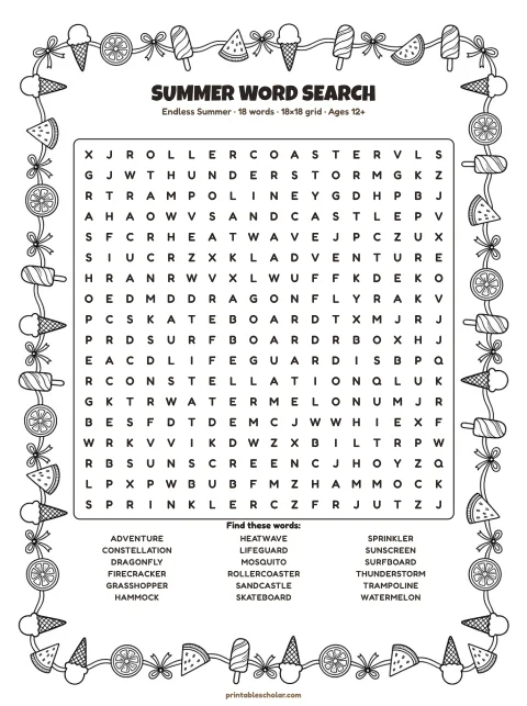 Free printable Summer word search — endless summer, hard 18×18 puzzle