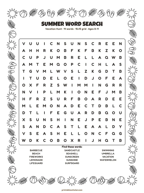 Free printable Summer word search — vacation hunt, medium 15×15 puzzle