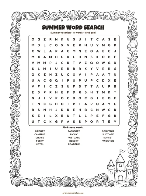 Free printable Summer word search — summer vacation, medium 15×15 puzzle