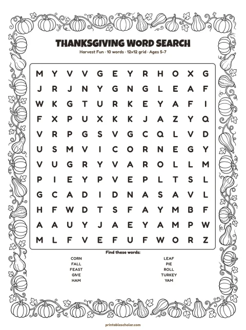 Free printable Thanksgiving word search — harvest fun, easy 12×12 puzzle