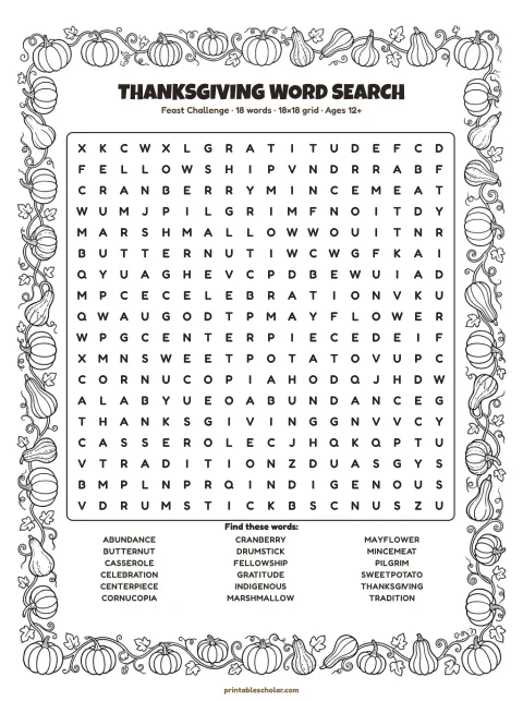Free printable Thanksgiving word search — feast challenge, hard 18×18 puzzle