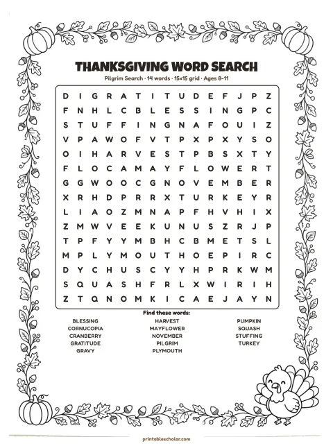 Free printable Thanksgiving word search — pilgrim search, medium 15×15 puzzle