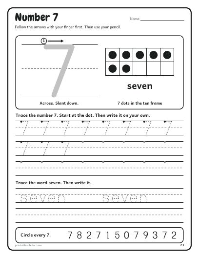 A number page: a sheet from the Print Handwriting Workbook