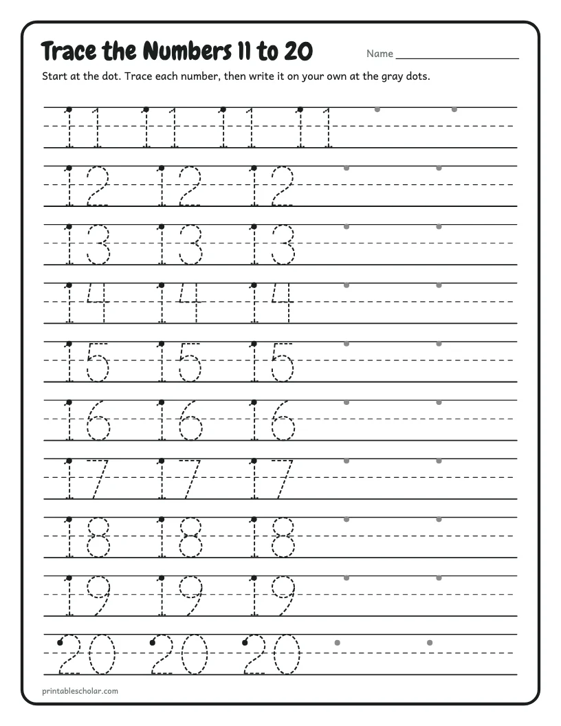 Number Tracing 11 to 20 worksheet preview