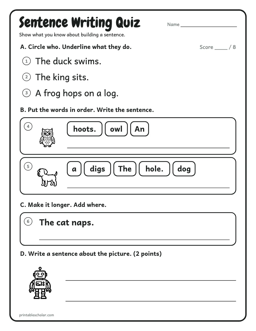 Sentence Writing Quiz worksheet preview