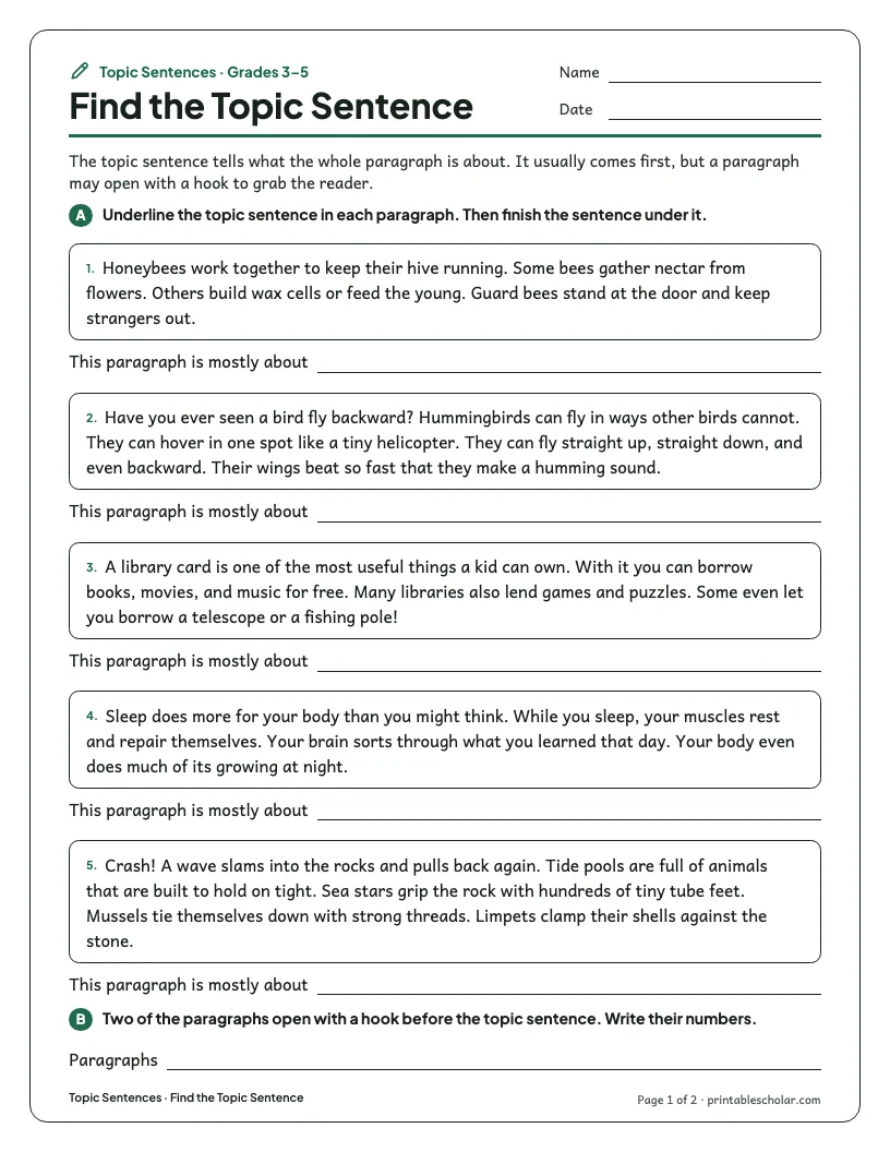 Find the Topic Sentence worksheet preview