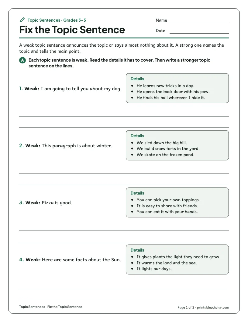 Fix the Topic Sentence worksheet preview