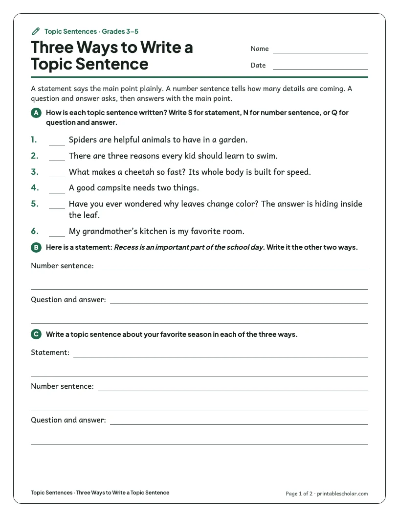 Three Ways to Write a Topic Sentence worksheet preview
