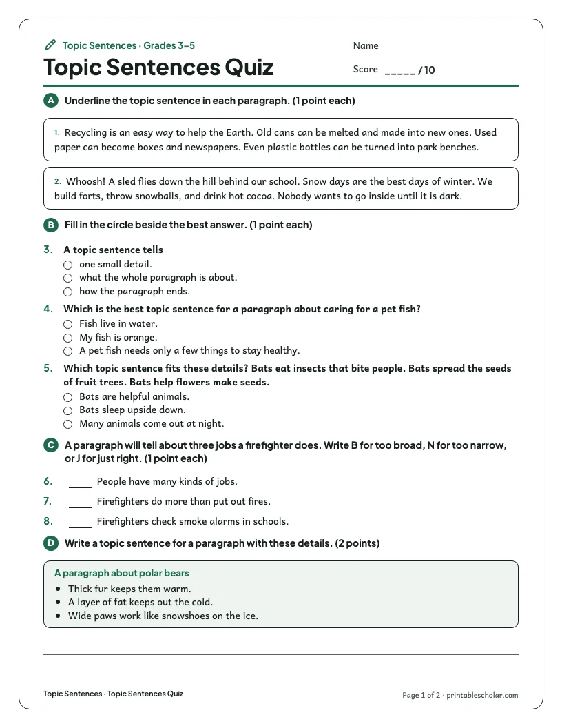 Topic Sentences Quiz worksheet preview